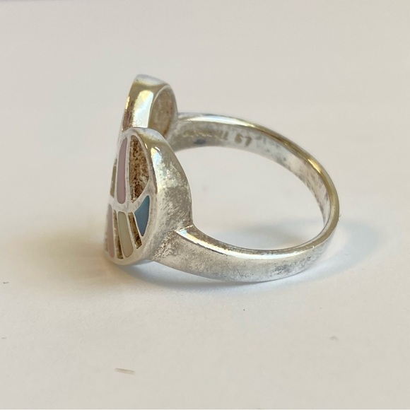 Vintage Sterling Silver Heart Ring Mother Of Pearl Cutout Pink Blue Y2K Size 9 - Picture 6 of 12